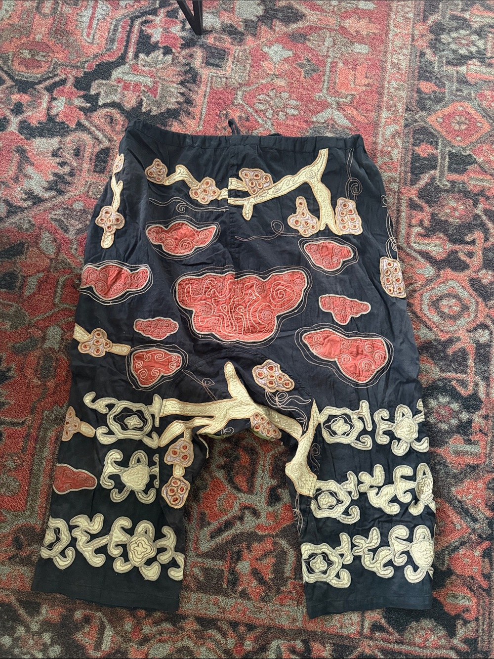 very rare embroidered Black Harem Pants with Mint & Coral Accents - Picture 3 of 3